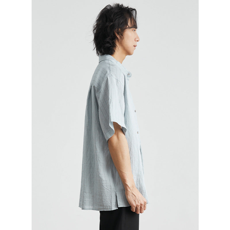 Tencel Cotton Linen Blended Striped Yarn-dyed Short Sleeve Idle Style