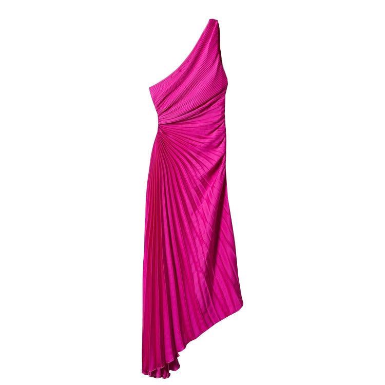 Women's One-shoulder Diagonal Collar Pleated Hollow Dress