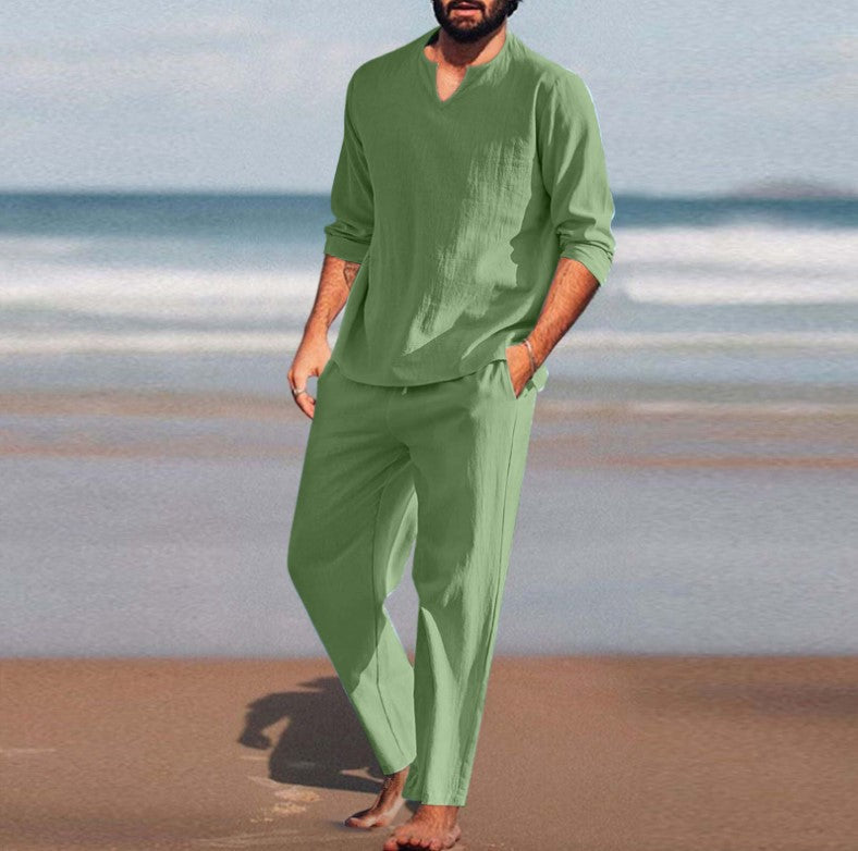 Men's Summer Beach Style Cotton And Linen Suit