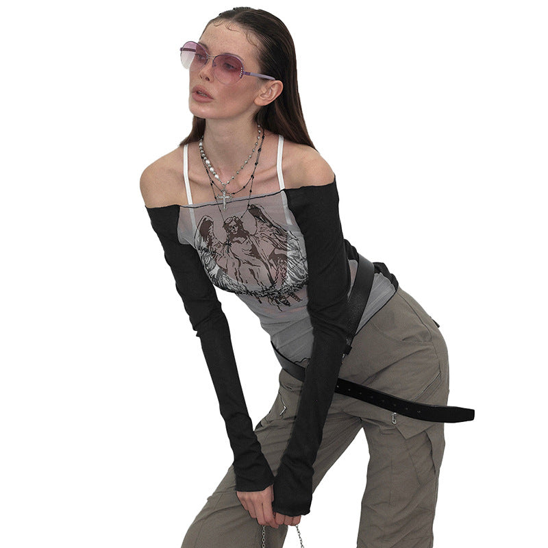 European And American Hot Girl Style Gauze Knitting Stitching Off-neck Printed Transparent Top