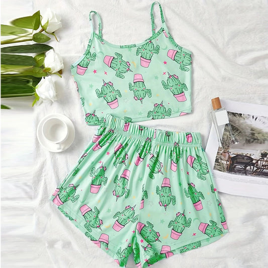 Summer Pajamas Women's Printed Suspender Shorts Thin Suit