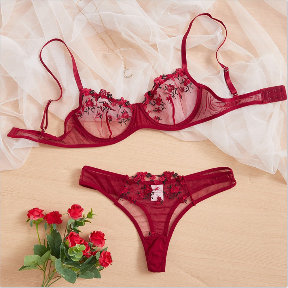 Low Waist Lace Flower Embroidery Sweet Beauty Bra Set