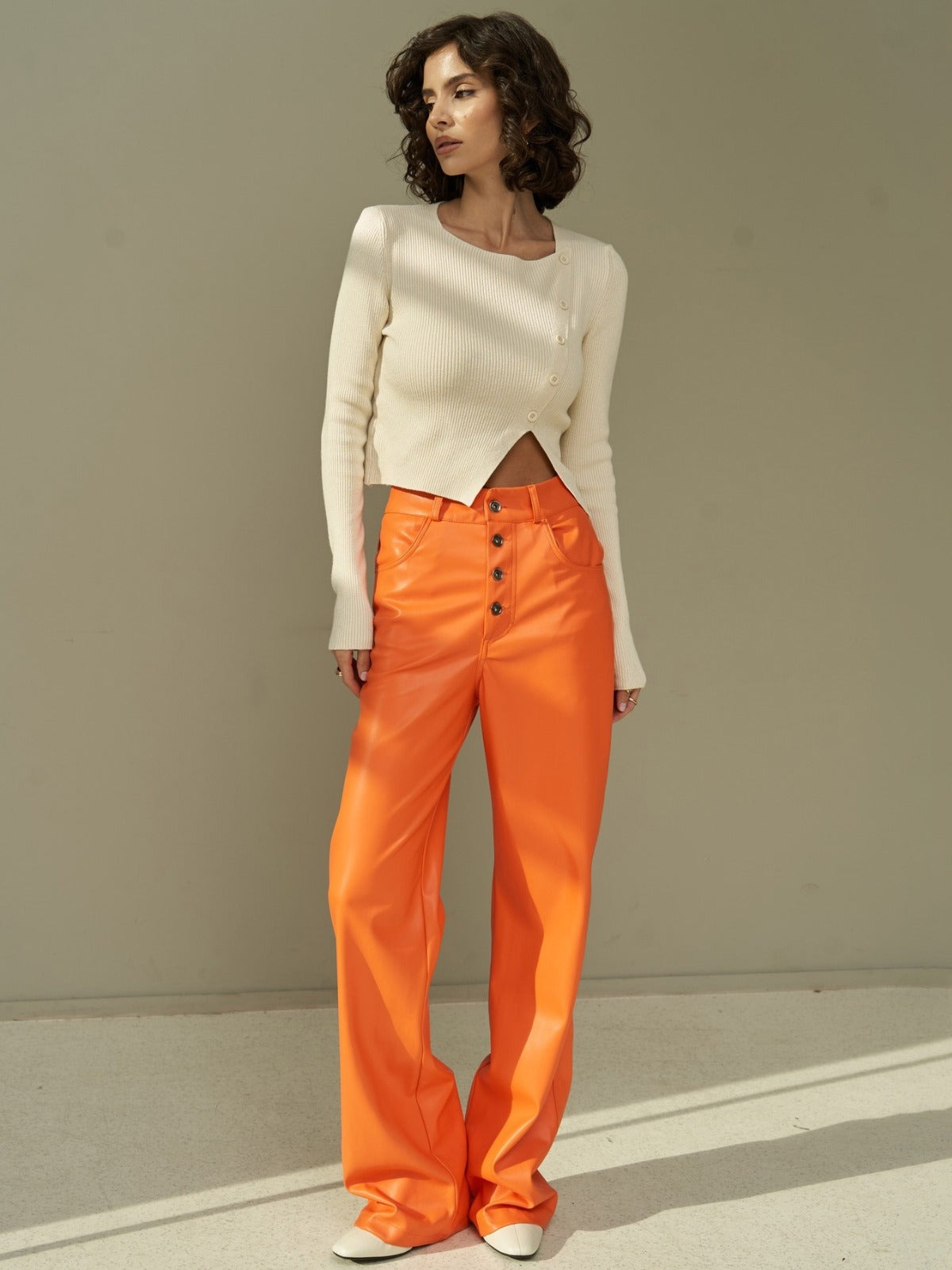 Straight Casual Button Leather Trousers For Women