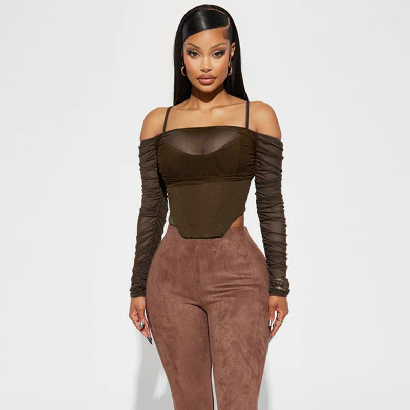 Mesh See-through Off-neck Braces Long Sleeve Irregular Cinched Waist Slim-fit Top T-shirt For Women