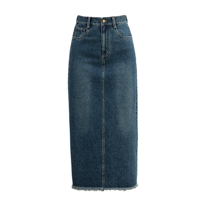 Women's Retro High Waist Raw Hem Denim Skirt