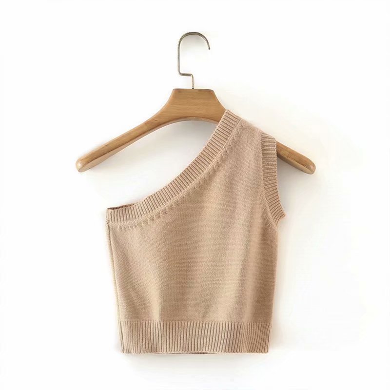 Fashion Solid Color Slanted Shoulder Solid Color Knitted Slim-Fit Vest Top