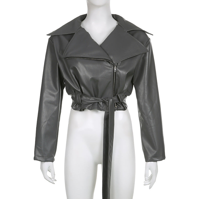 Women's Temperament Solid Color PU Leather Zipper Jacket