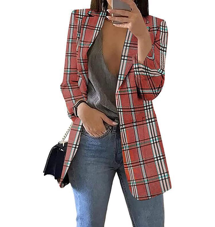 Fashion Plaid Casual Suit Lapel Slim Cardigan Suit Jacket Women