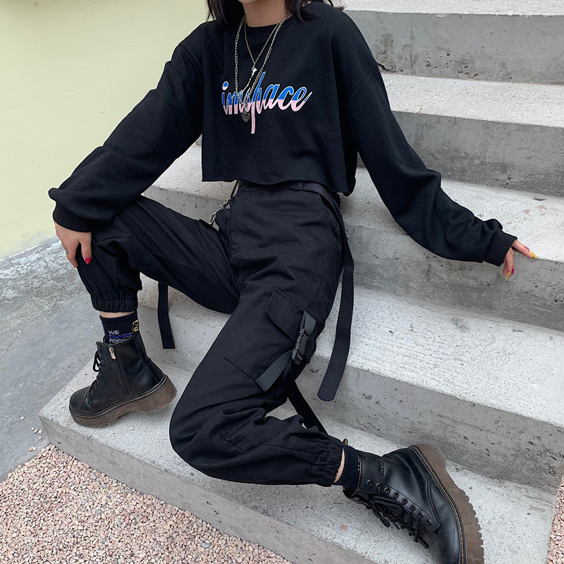 High Waist Hip Hop Black Loose Tappered Trousers For Women