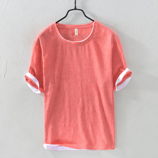 Linen Loose Casual Men's Round Neck T-shirt Japanese Short-sleeved T-shirt