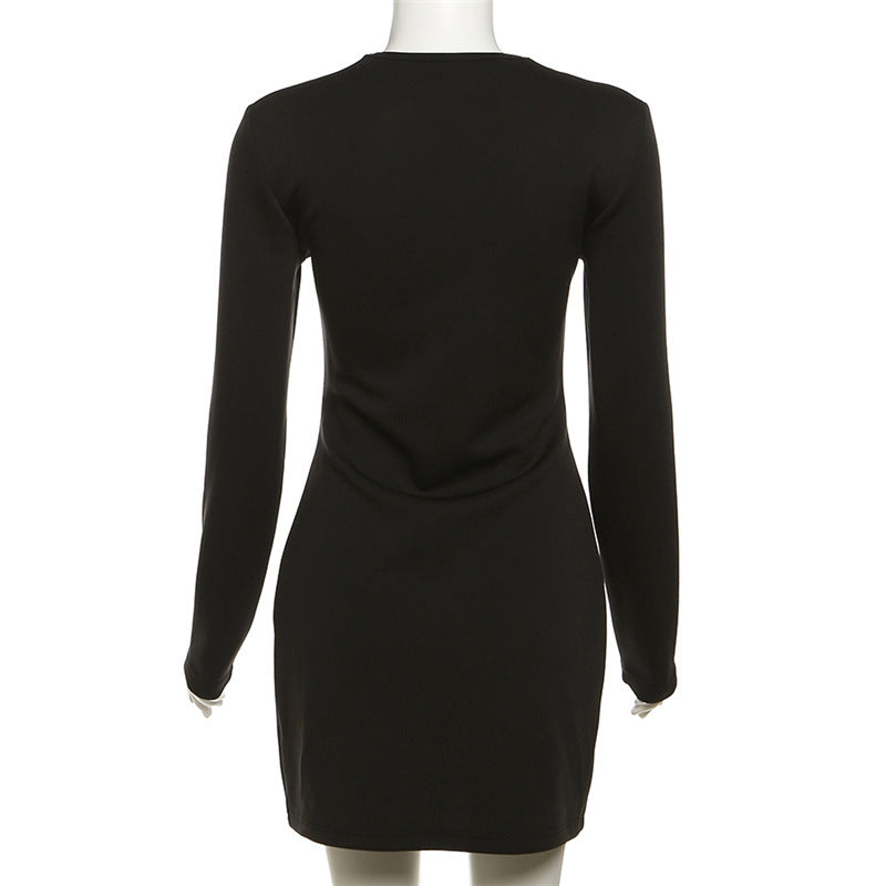 Long Sleeve Square-neck Contrast Color Fit Sheath Dress