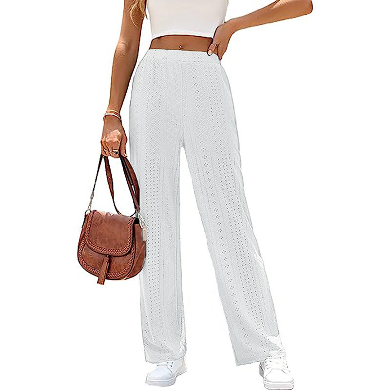 Women's Casual Solid Color Hollow Elastic Waist Wide Leg Pants