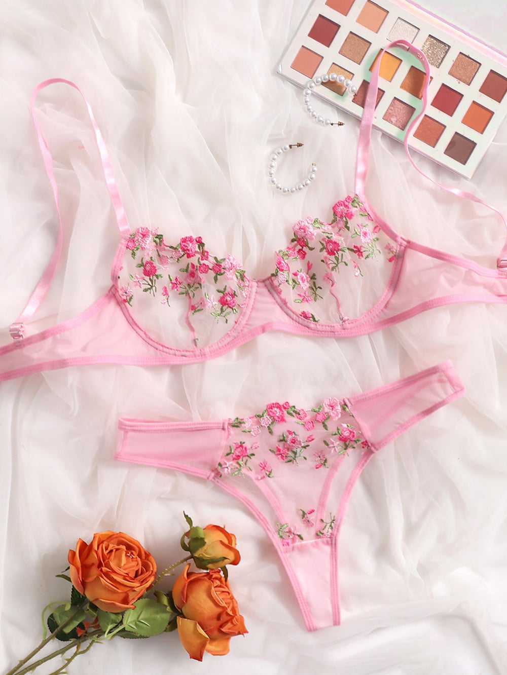 Low Waist Lace Flower Embroidery Sweet Beauty Bra Set