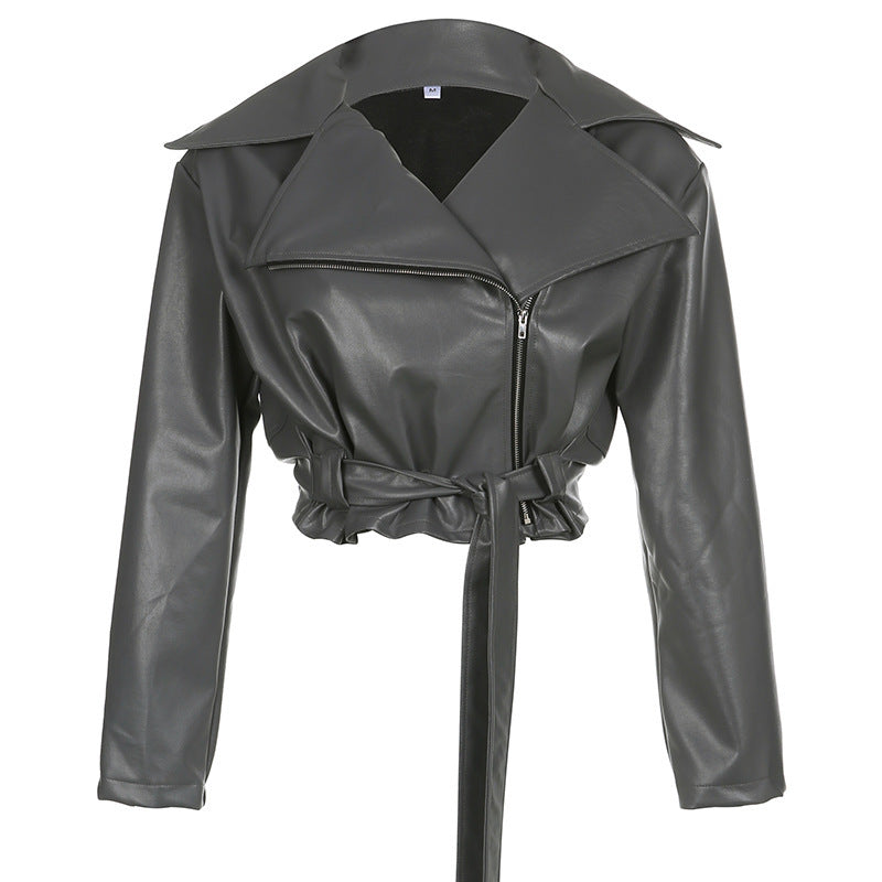 Women's Temperament Solid Color PU Leather Zipper Jacket