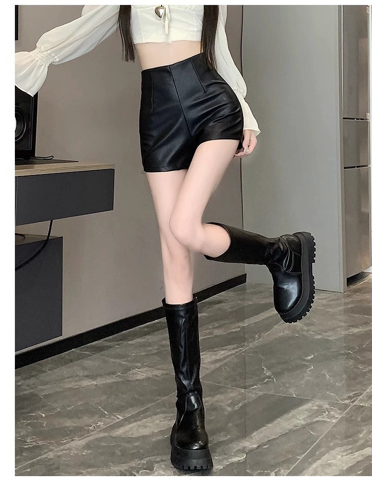 Women's High Waist Outer Wear Slimming PU Leather Shorts