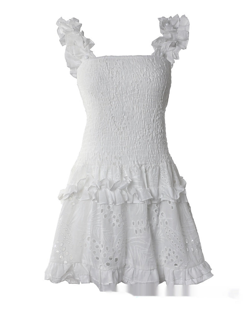 White Smocking Lace Solid Color Suspender Skirt