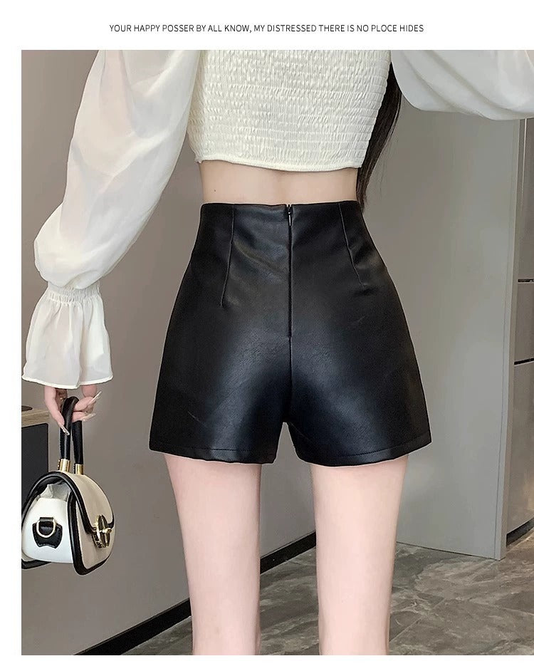 Women's High Waist Outer Wear Slimming PU Leather Shorts