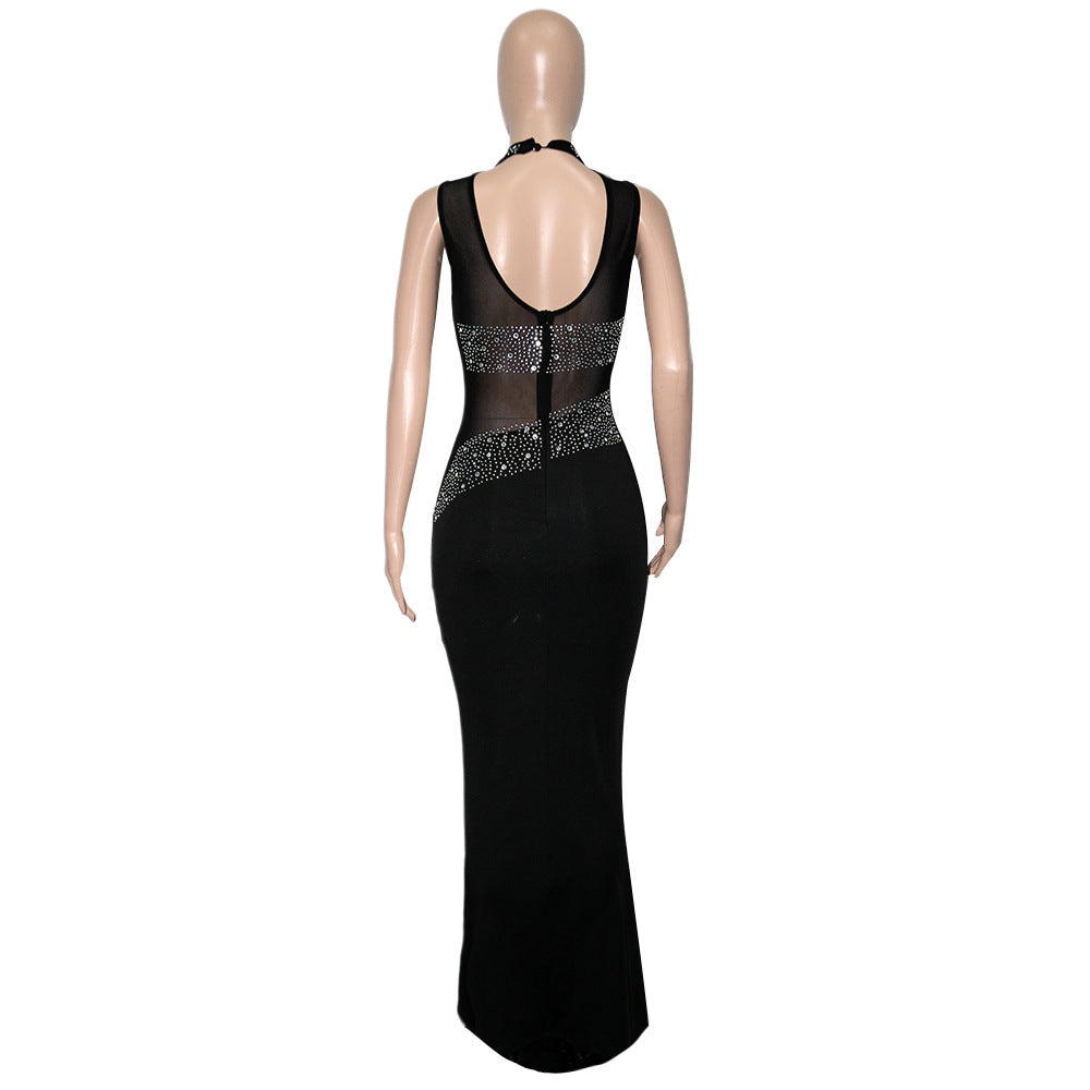 See-through Rhinestone Sleeveless Women's Nightclub Evening Dress