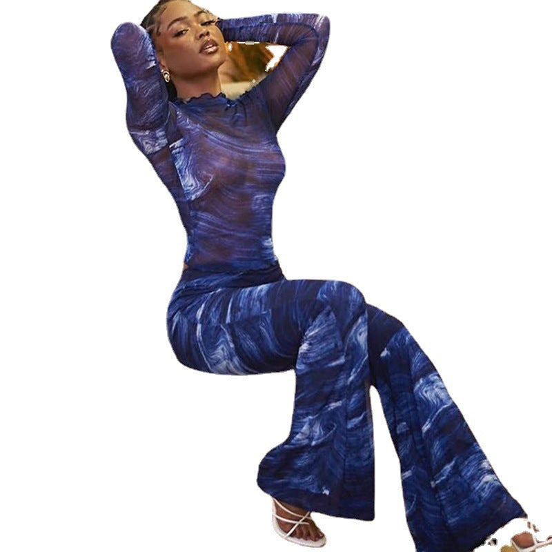 Printed Long-sleeved Top Sheer Mesh Trousers Bell-bottom Pants Suit