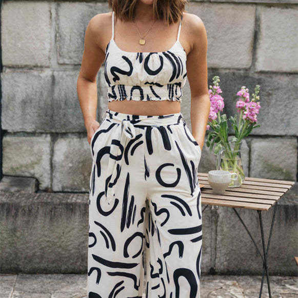 For European And American Women's Clothing New Printed Sleeveless Strap Short Top Long Wide-leg Pants