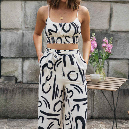 For European And American Women's Clothing New Printed Sleeveless Strap Short Top Long Wide-leg Pants