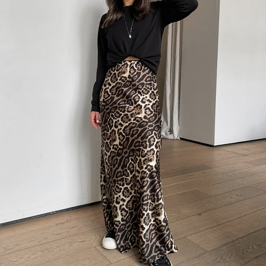 Women's French Leopard Print Versatile High Waisted Skirt