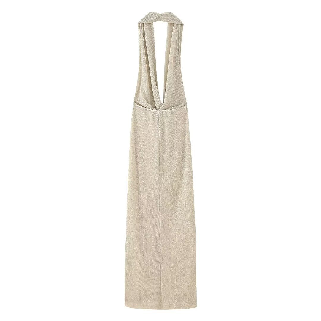 Halter Swing Collar Metal Knitted Backless Evening Dress