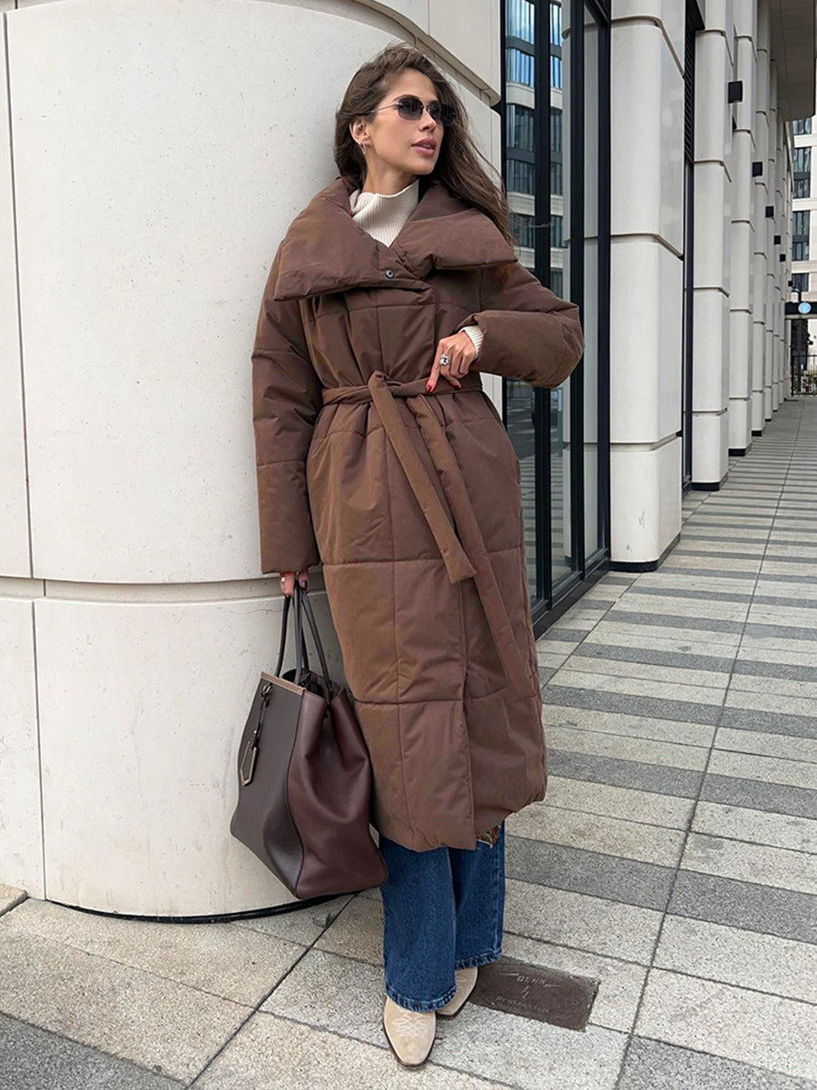 Fashion Large Lapel Long Coat Winter Warm Cotton Jacket With Pockets And Lace-up Design Casual Solid Color Thick Coat For Women Outwear Clothing