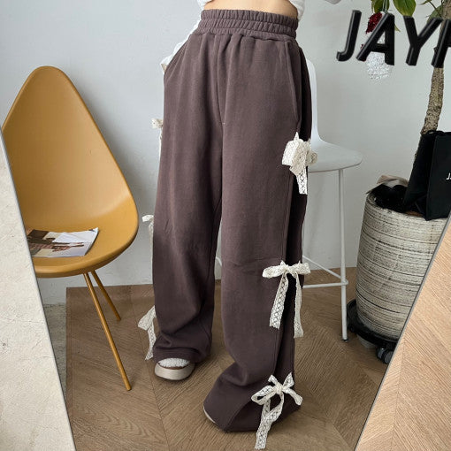 Stylish Fleece-Lined Sweater Pants with Elastic Waistband and Side Lace Detail