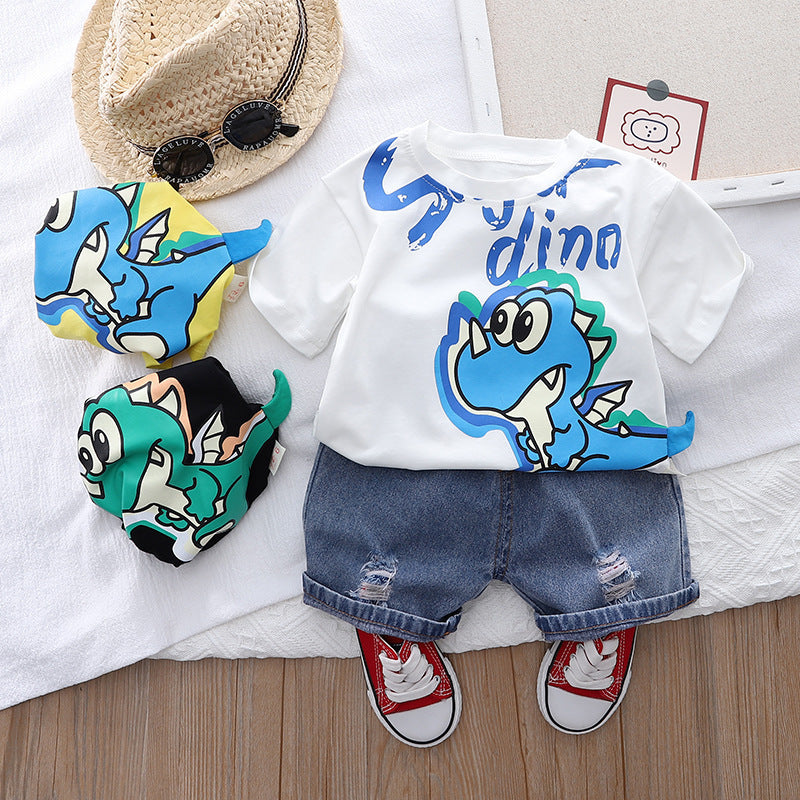 Dinosaur Round Neck Short Sleeve Cotton T-shirt Denim Shorts Suit