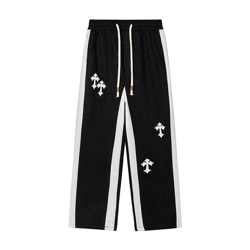 Classic American Retro Cross Embroidery Suede Casual Trousers for Men