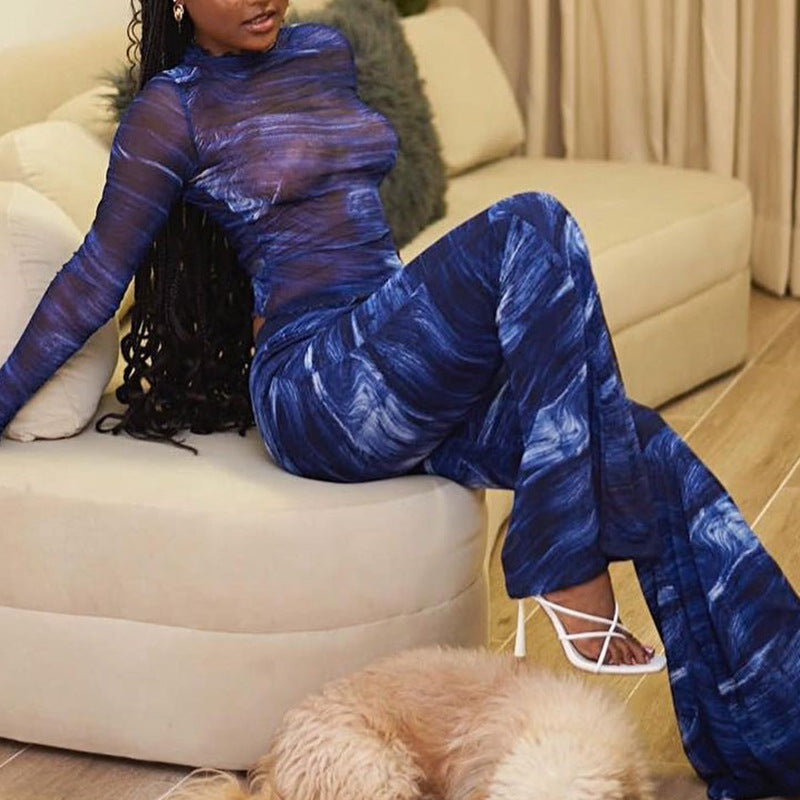 Printed Long-sleeved Top Sheer Mesh Trousers Bell-bottom Pants Suit