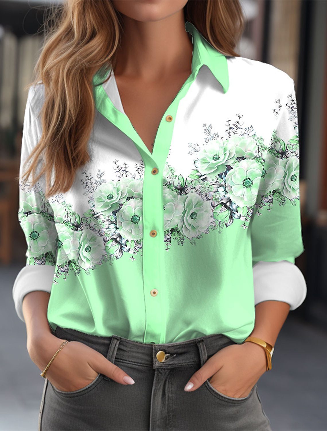 Women's Color Matching Printed Long-sleeved Lapel Button Shirt