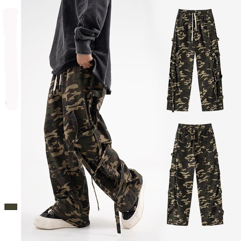 Vintage American Retro Camouflage Cargo Pants with Elastic Waist Drawstring - Couple Street Fashion