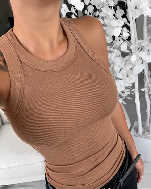 Women Solid Round Neck Ribbed Tank Top Camisole