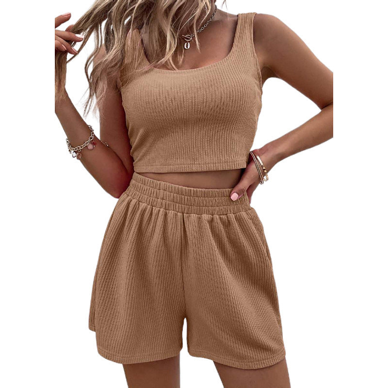 Sweet Knitted Suit Summer Square Neck Vest Top And Elastic Shorts Fashion Casual Solid Color 2Pcs Set Womens Clothing