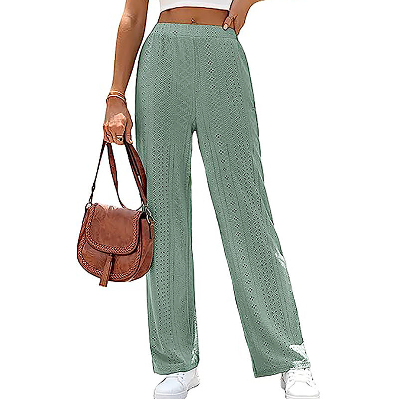 Women's Casual Solid Color Hollow Elastic Waist Wide Leg Pants