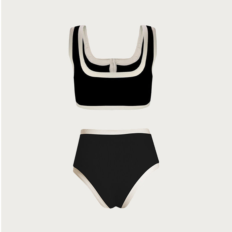 Sexy Black And White Color Matching High Waist Split Bikini Swimsuit