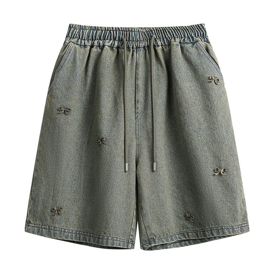 Bow Metal Decoration Denim Shorts For Men Summer Loose American Street Fashion