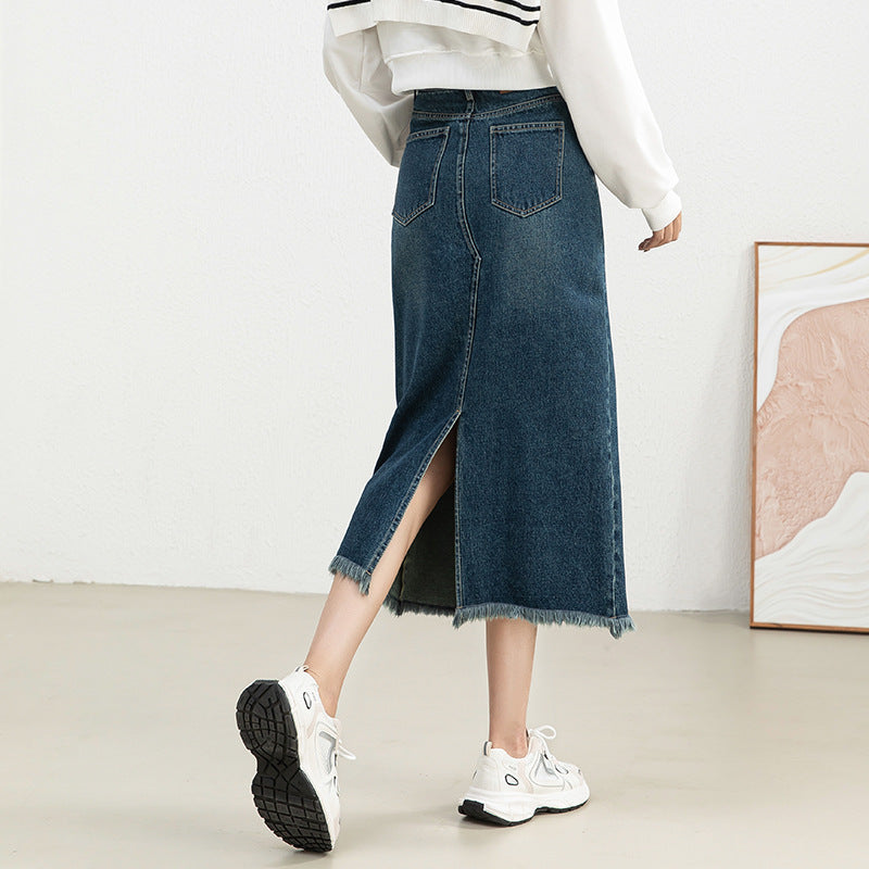 Women's Retro High Waist Raw Hem Denim Skirt