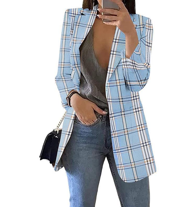 Fashion Plaid Casual Suit Lapel Slim Cardigan Suit Jacket Women