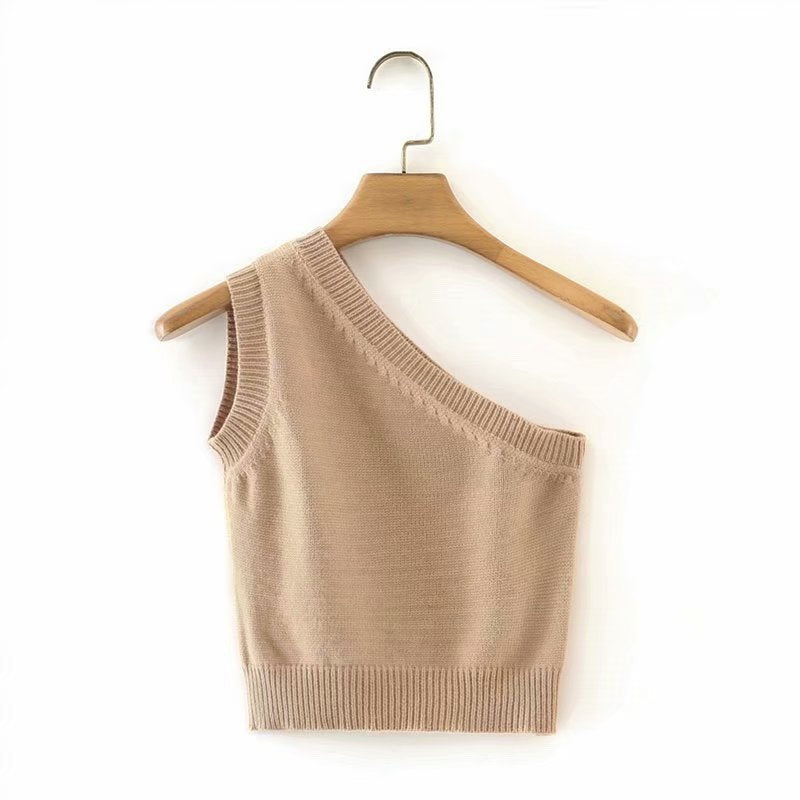 Fashion Solid Color Slanted Shoulder Solid Color Knitted Slim-Fit Vest Top