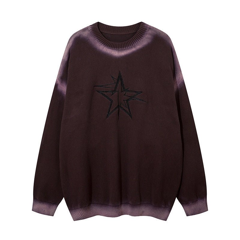 Five-pointed Star Embroidered Crew Neck Loose Sweater