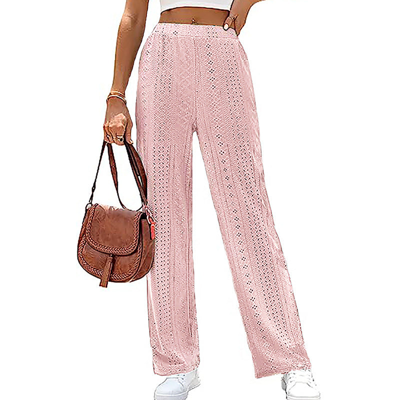 Women's Casual Solid Color Hollow Elastic Waist Wide Leg Pants