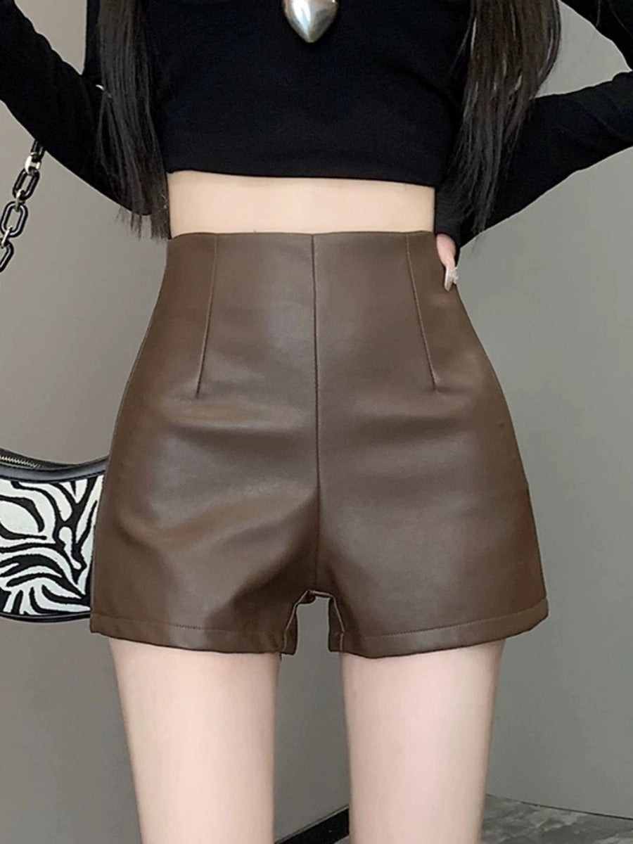 Women's High Waist Outer Wear Slimming PU Leather Shorts