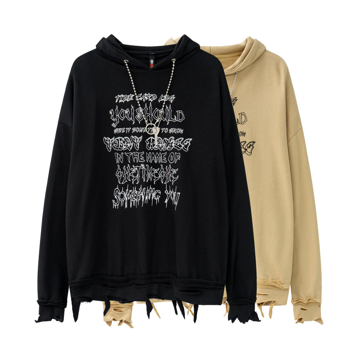 Ripped Hem With Chain Personality Letter Printed Hoodie