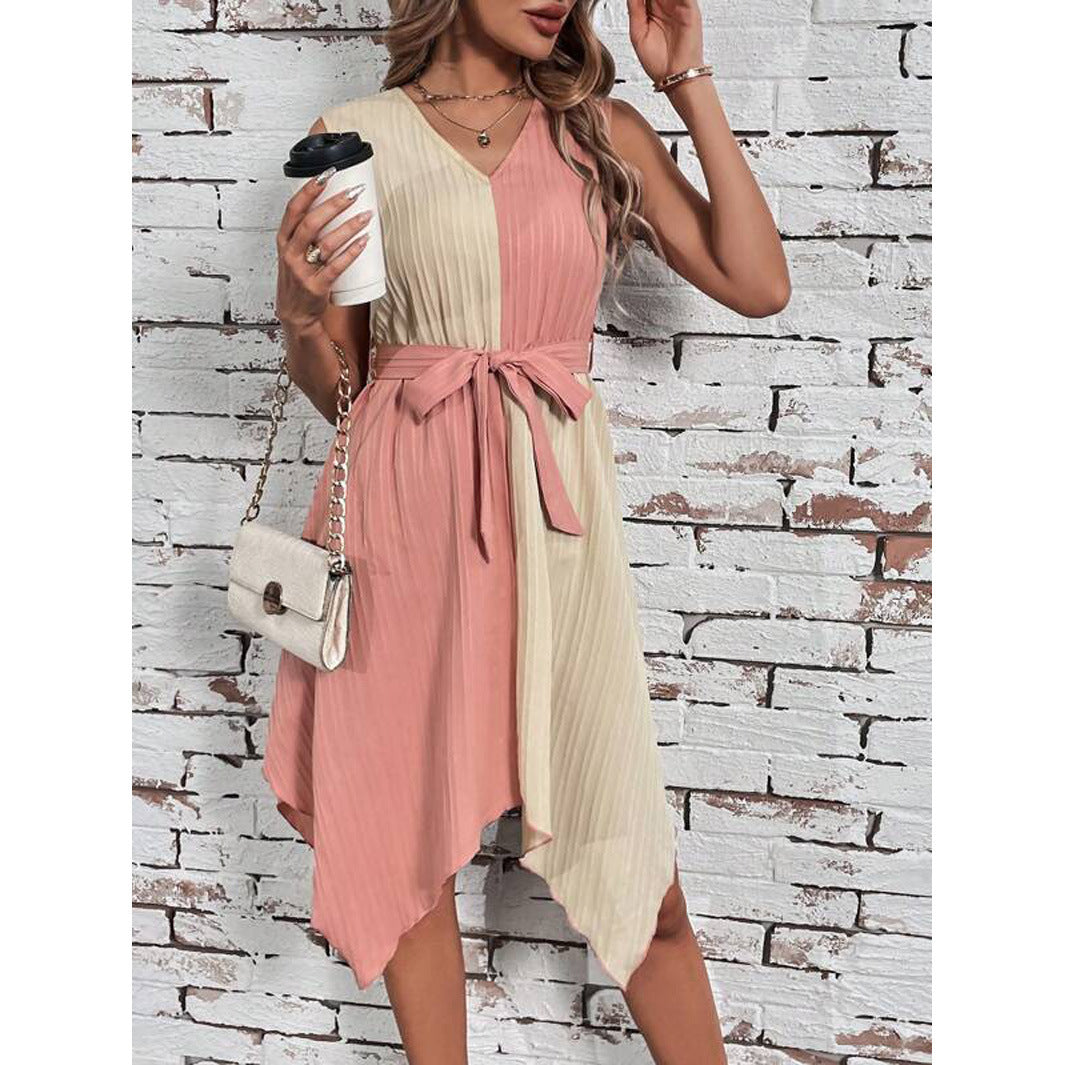 V-collar Contrast Color Asymmetric Hem Drawstring Dress