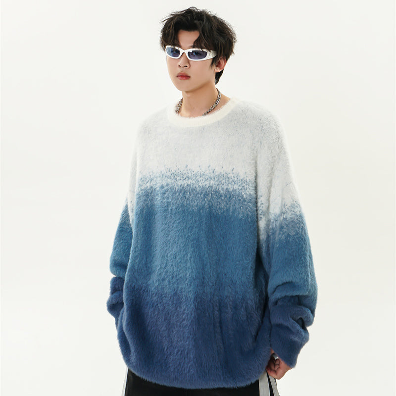 Gradient Color Round-neck With Fleece Lining Sweater Men