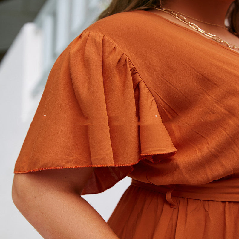 High Waist Chiffon Orange Sling Midi Dress