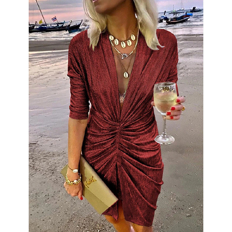 V-neck Pleated Long Sleeve Dress Women